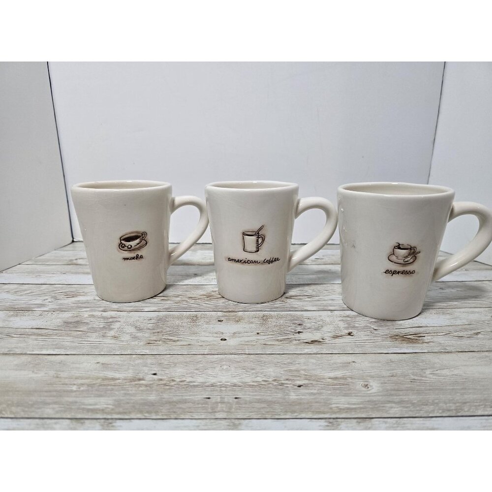 Williams Sonoma Set of 3 Mocha Espresso and American Coffee Mugs Stamped